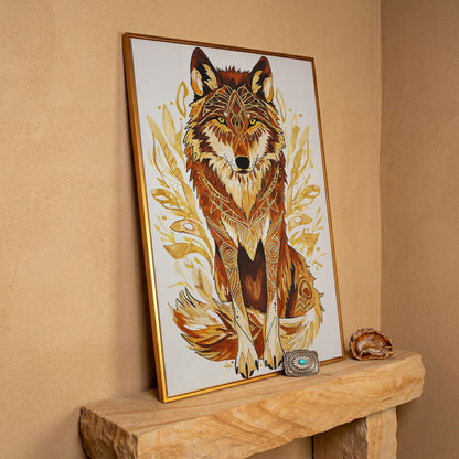 Wolf Portrait Canvas Art with Geometric Floral Detail in antique gold floating frame