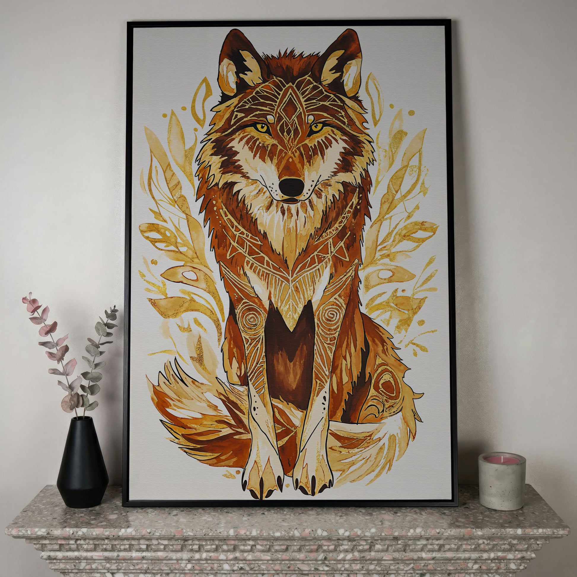 Wolf Portrait Canvas Art with Geometric Floral Detail in black floating frame