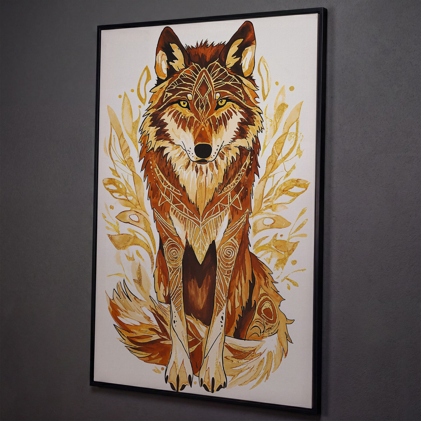 Wolf Portrait Canvas Art with Geometric Floral Detail shown in black floating frame
