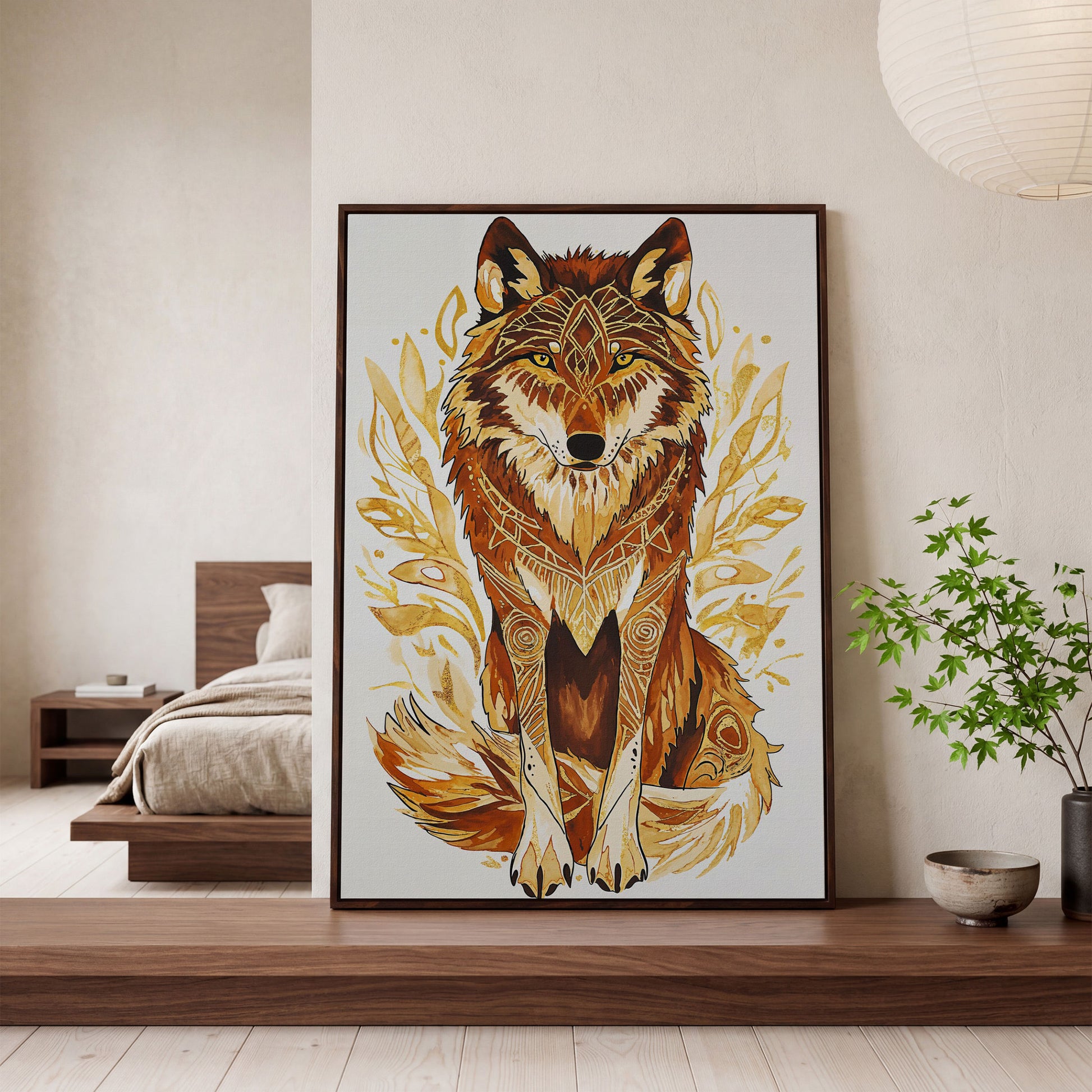 Wolf Portrait Canvas Art with Geometric Floral Detail in dark walnut floating frame