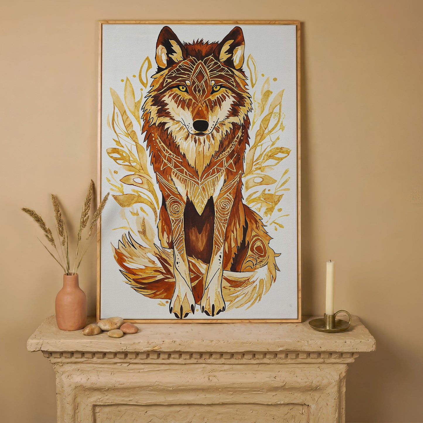 Wolf Portrait Canvas Art with Geometric Floral Detail in white oak floating frame