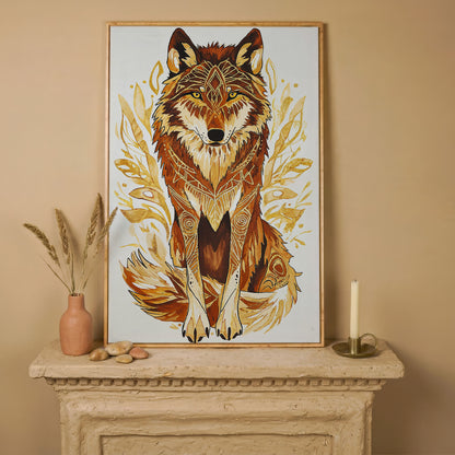 Wolf Portrait Canvas Art with Geometric Floral Detail in white oak floating frame