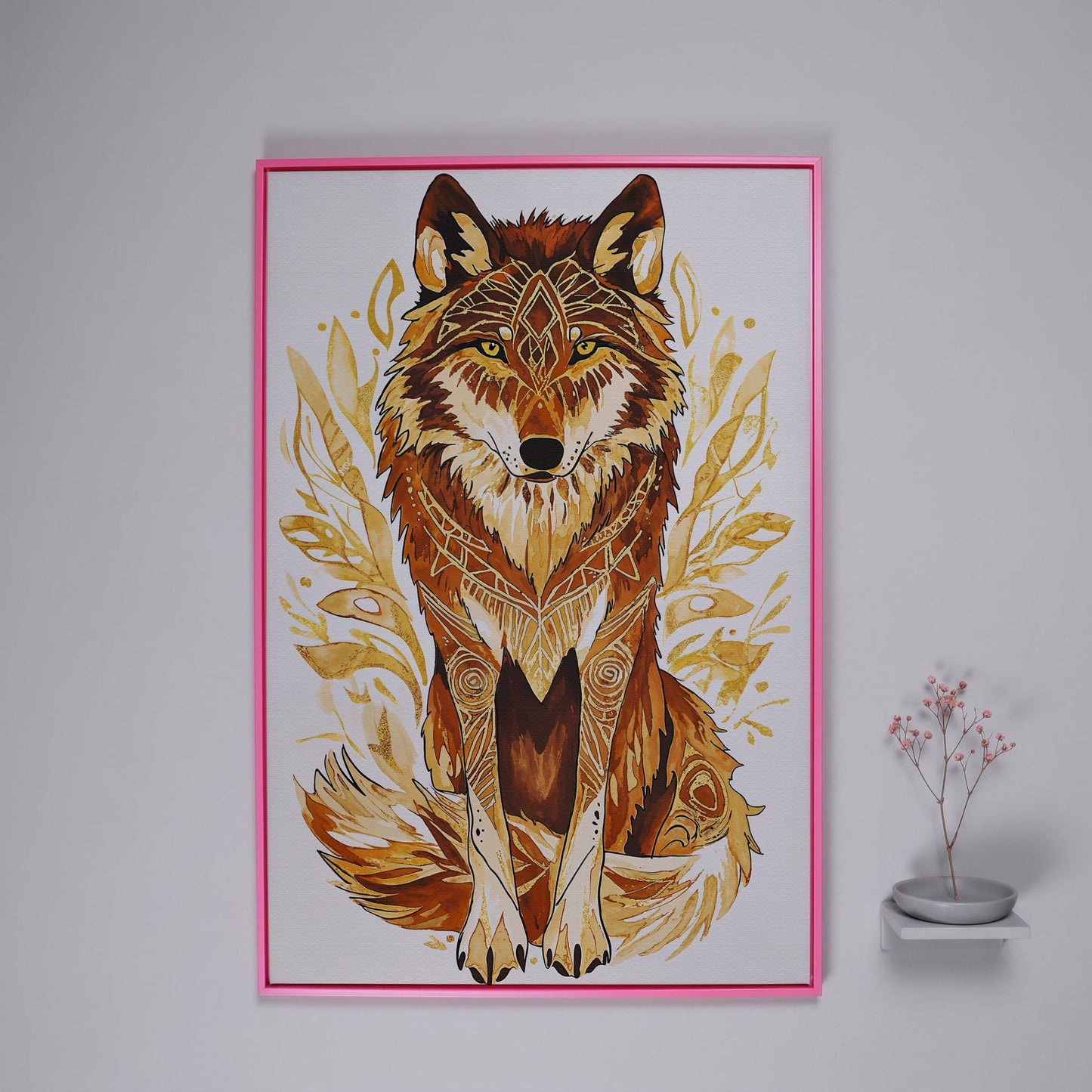 Wolf Portrait Canvas Art with Geometric Floral Detail in pink floating frame