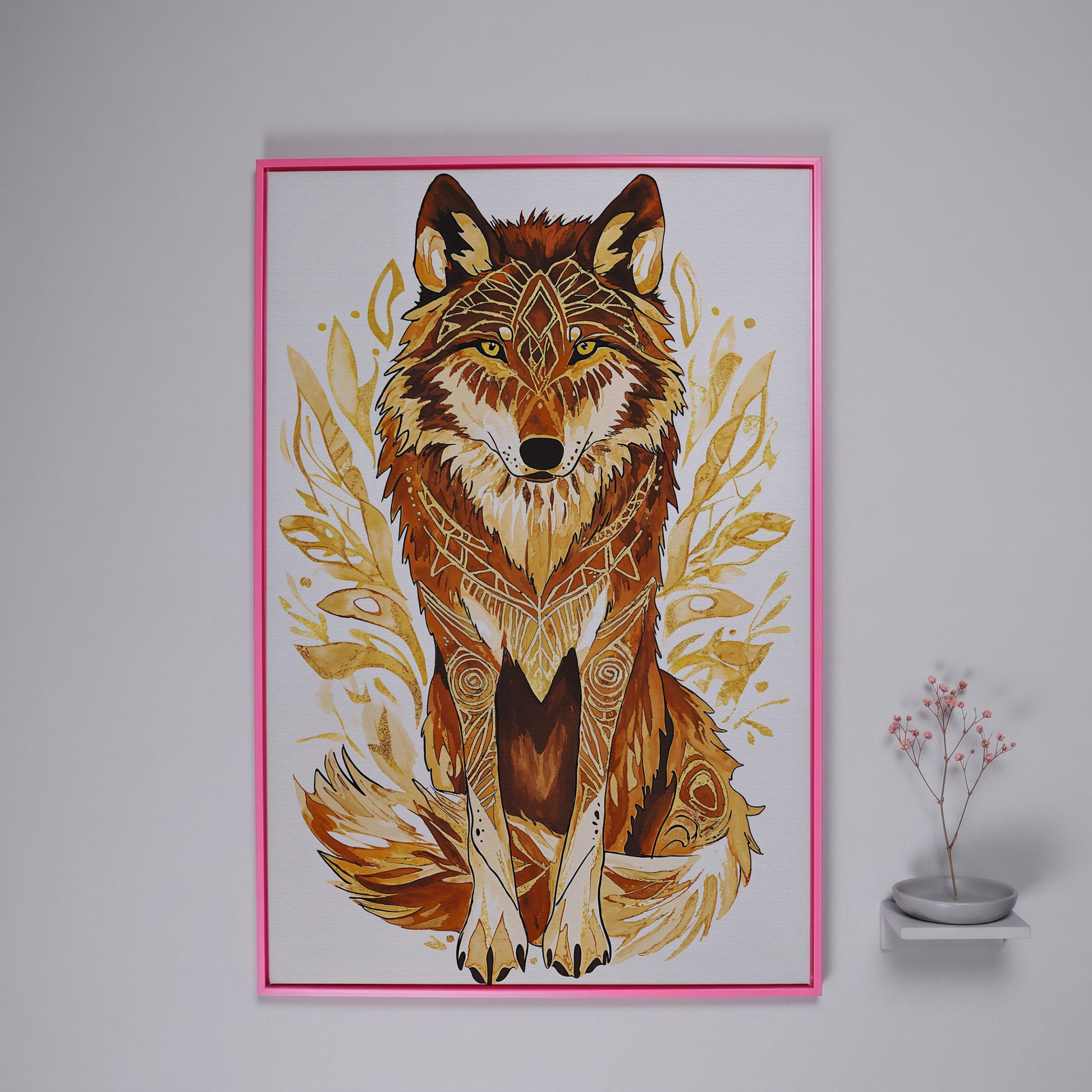 Wolf Portrait Canvas Art with Geometric Floral Detail in pink floating frame