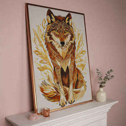 Wolf Portrait Canvas Art with Geometric Floral Detail in rose gold floating frame