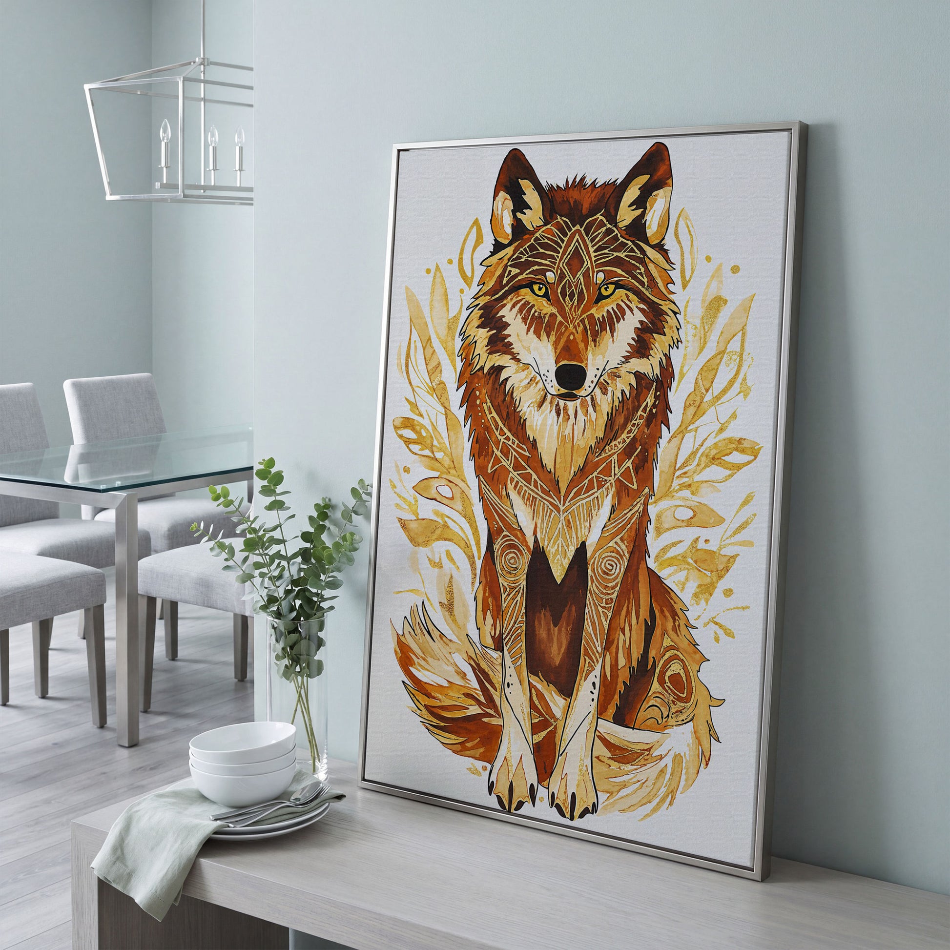 Wolf Portrait Canvas Art with Geometric Floral Detail in silver floating frame