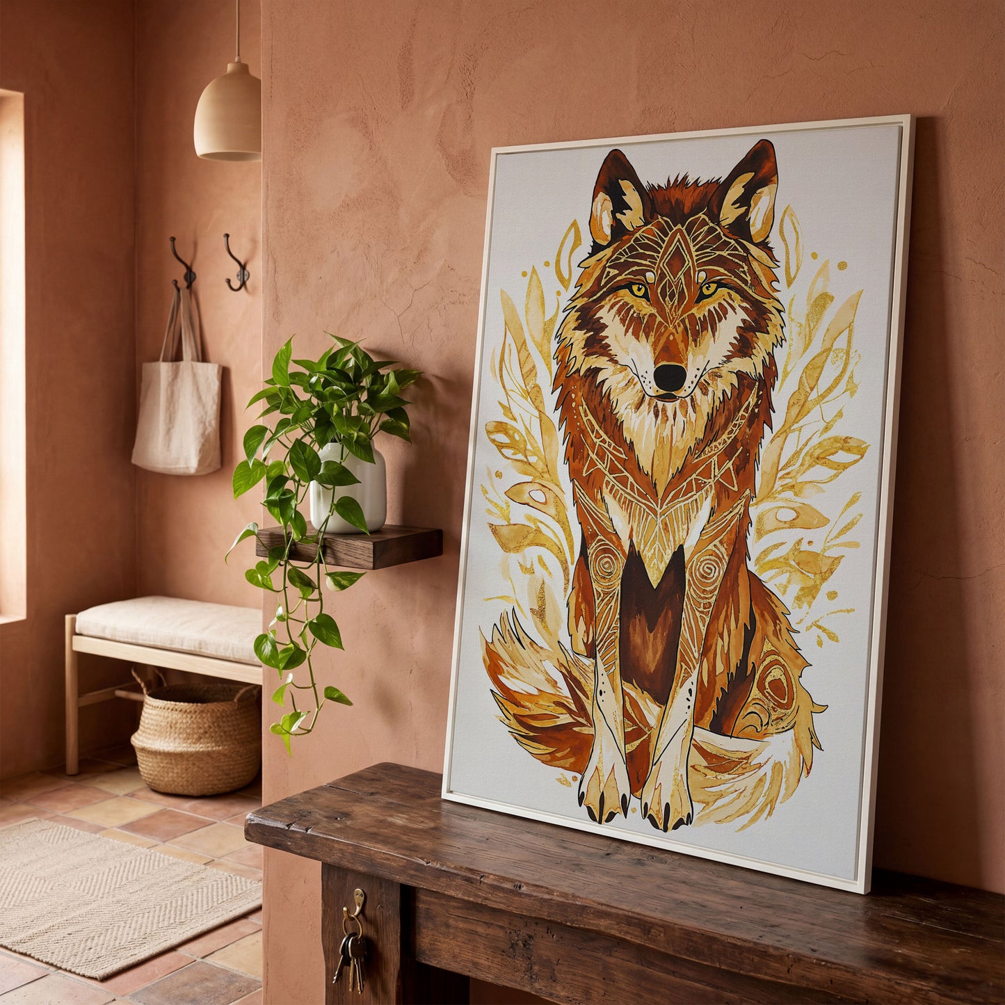 Wolf Portrait Canvas Art with Geometric Floral Detail in white floating frame