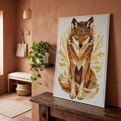 Wolf Portrait Canvas Art with Geometric Floral Detail in white floating frame