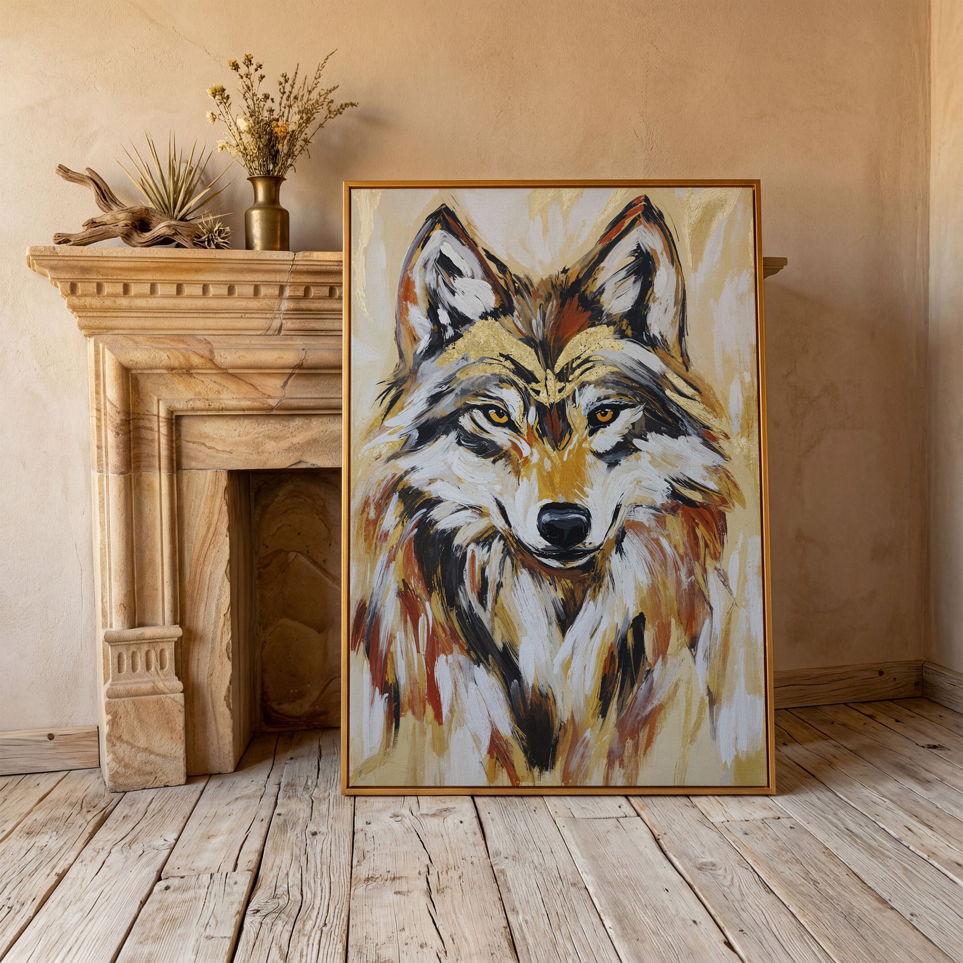 Wolf Portrait Canvas Art, Close-Up Head and Shoulders Study in antique gold floating frame