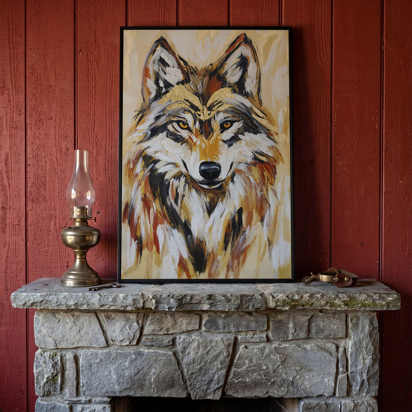 Wolf Portrait Canvas Art, Close-Up Head and Shoulders Study in black floating frame