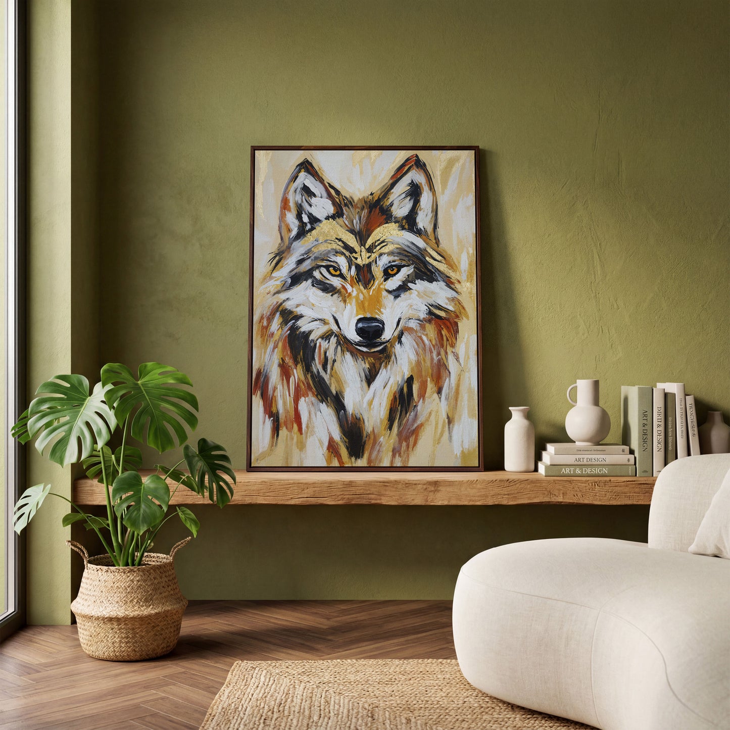 Wolf Portrait Canvas Art, Close-Up Head and Shoulders Study in dark walnut floating frame