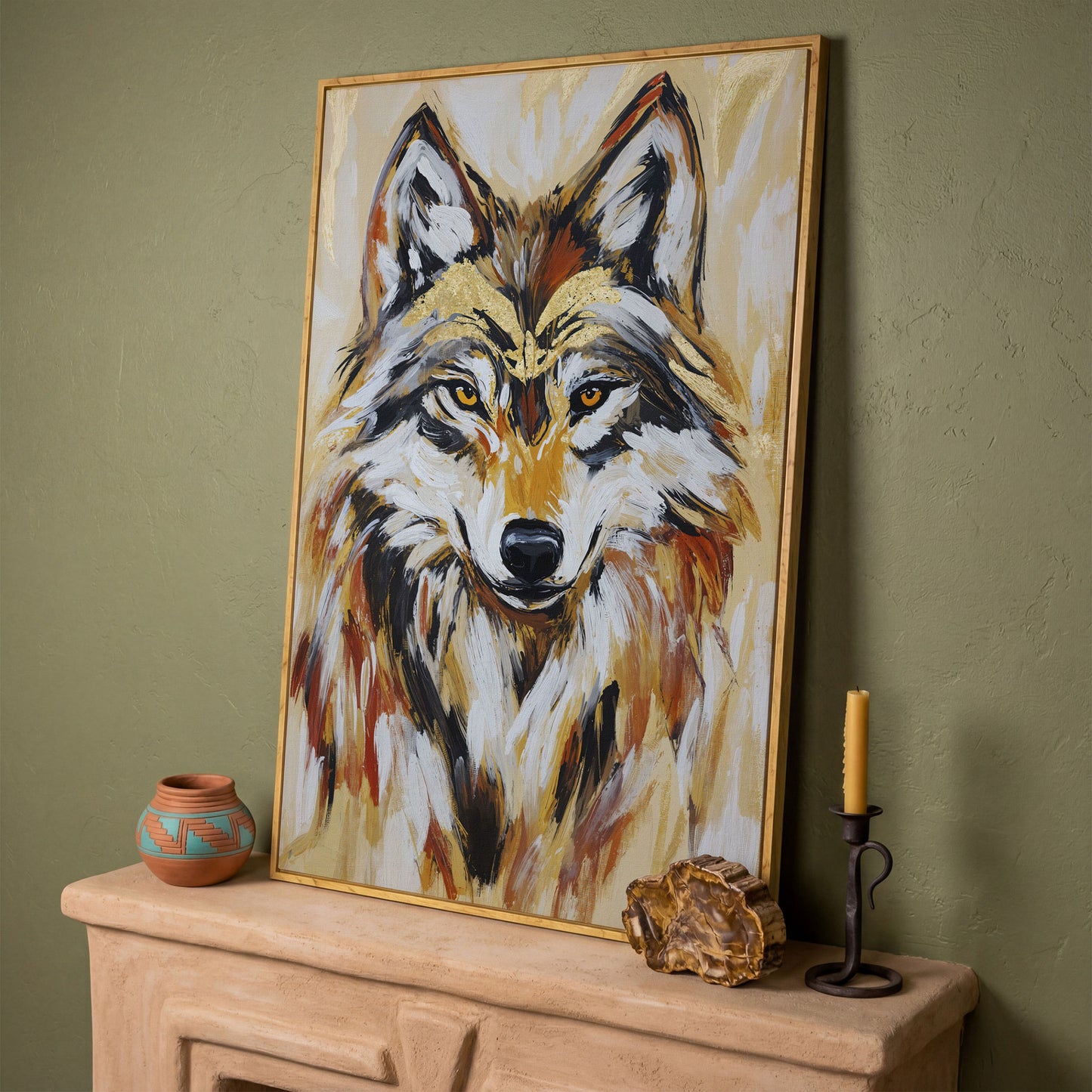 Wolf Portrait Canvas Art, Close-Up Head and Shoulders Study in white oak floating frame
