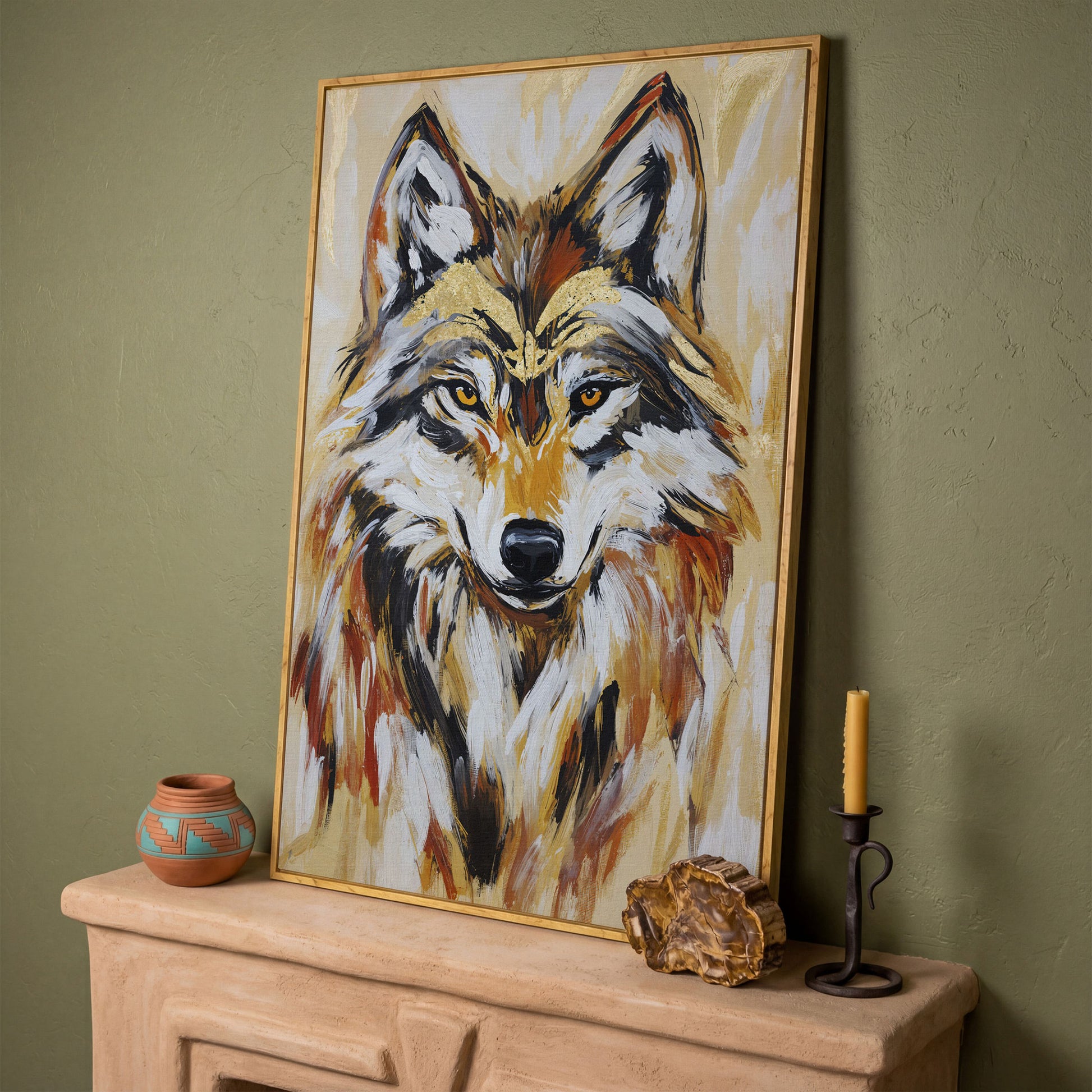 Wolf Portrait Canvas Art, Close-Up Head and Shoulders Study in white oak floating frame