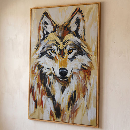 Wolf Portrait Canvas Art, Close-Up Head and Shoulders Study shown in white oak floating frame