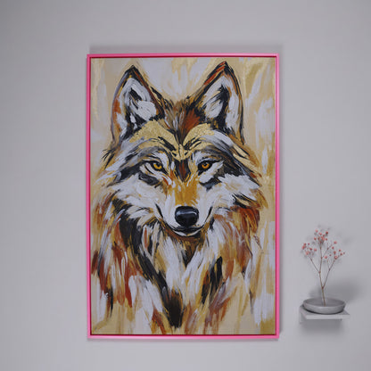 Wolf Portrait Canvas Art, Close-Up Head and Shoulders Study in pink floating frame