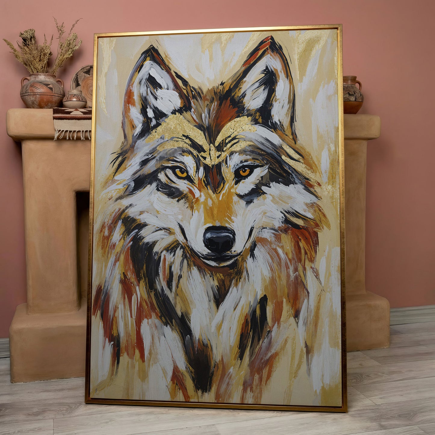 Wolf Portrait Canvas Art, Close-Up Head and Shoulders Study in rose gold floating frame