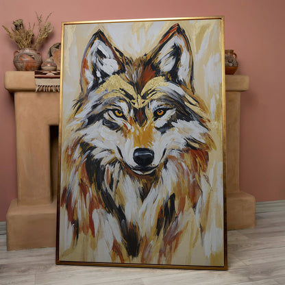 Wolf Portrait Canvas Art, Close-Up Head and Shoulders Study in rose gold floating frame