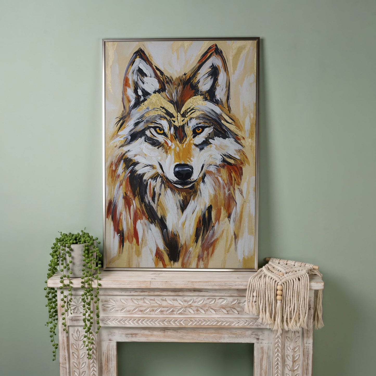 Wolf Portrait Canvas Art, Close-Up Head and Shoulders Study in silver floating frame