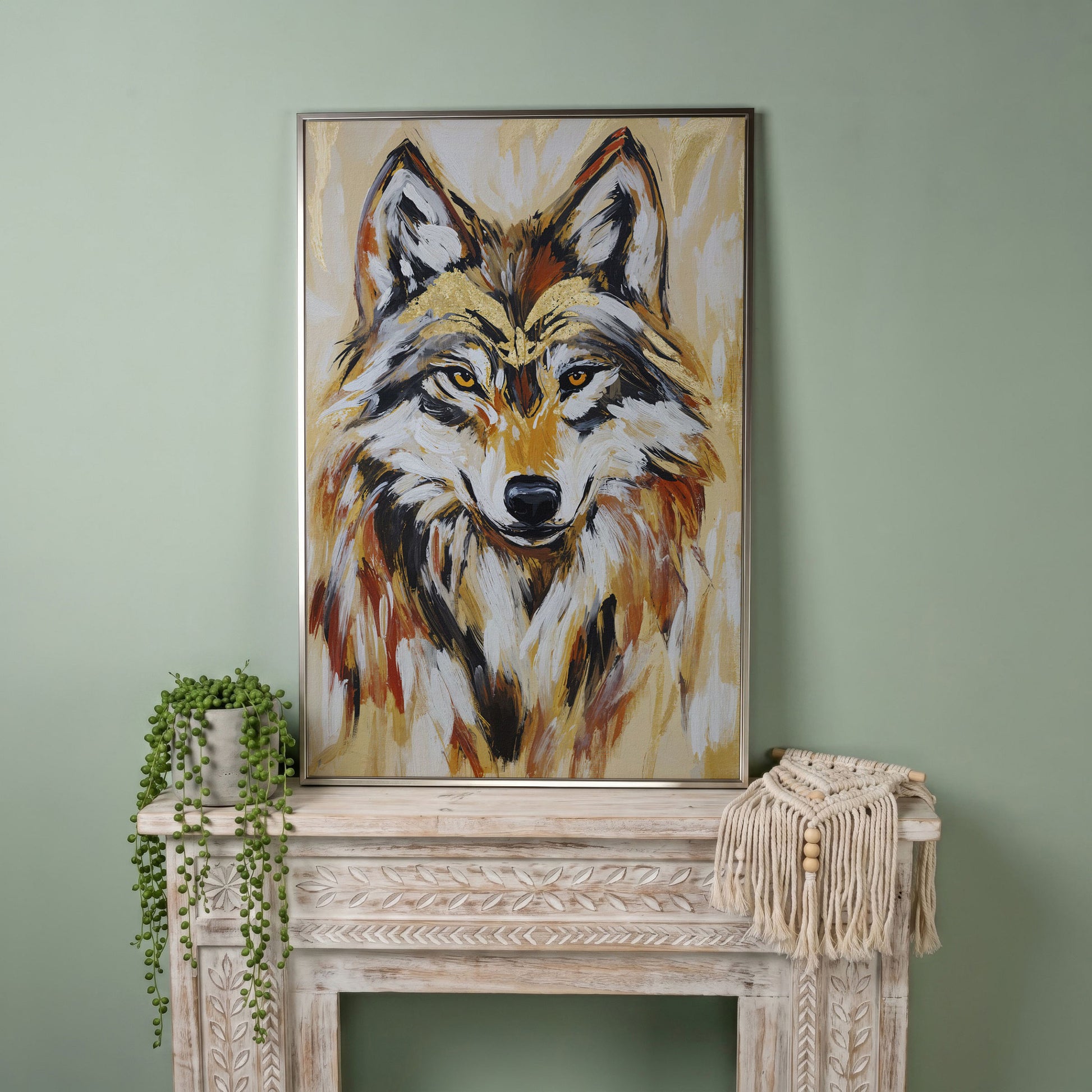 Wolf Portrait Canvas Art, Close-Up Head and Shoulders Study in silver floating frame