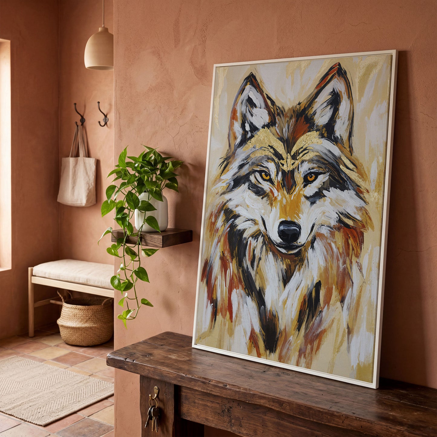 Wolf Portrait Canvas Art, Close-Up Head and Shoulders Study in white floating frame