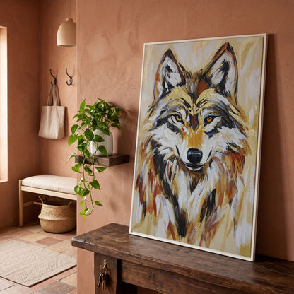 Wolf Portrait Canvas Art, Close-Up Head and Shoulders Study in white floating frame