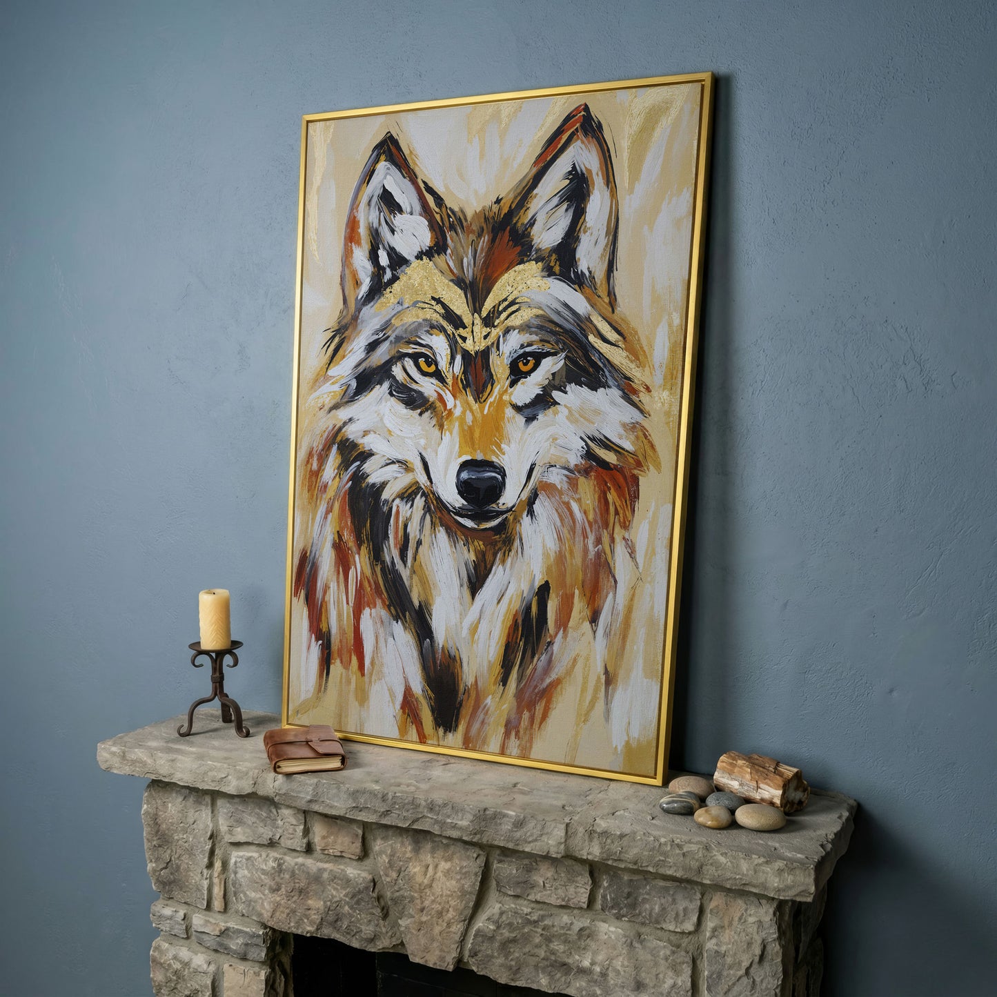 Wolf Portrait Canvas Art, Close-Up Head and Shoulders Study in yellow gold floating frame