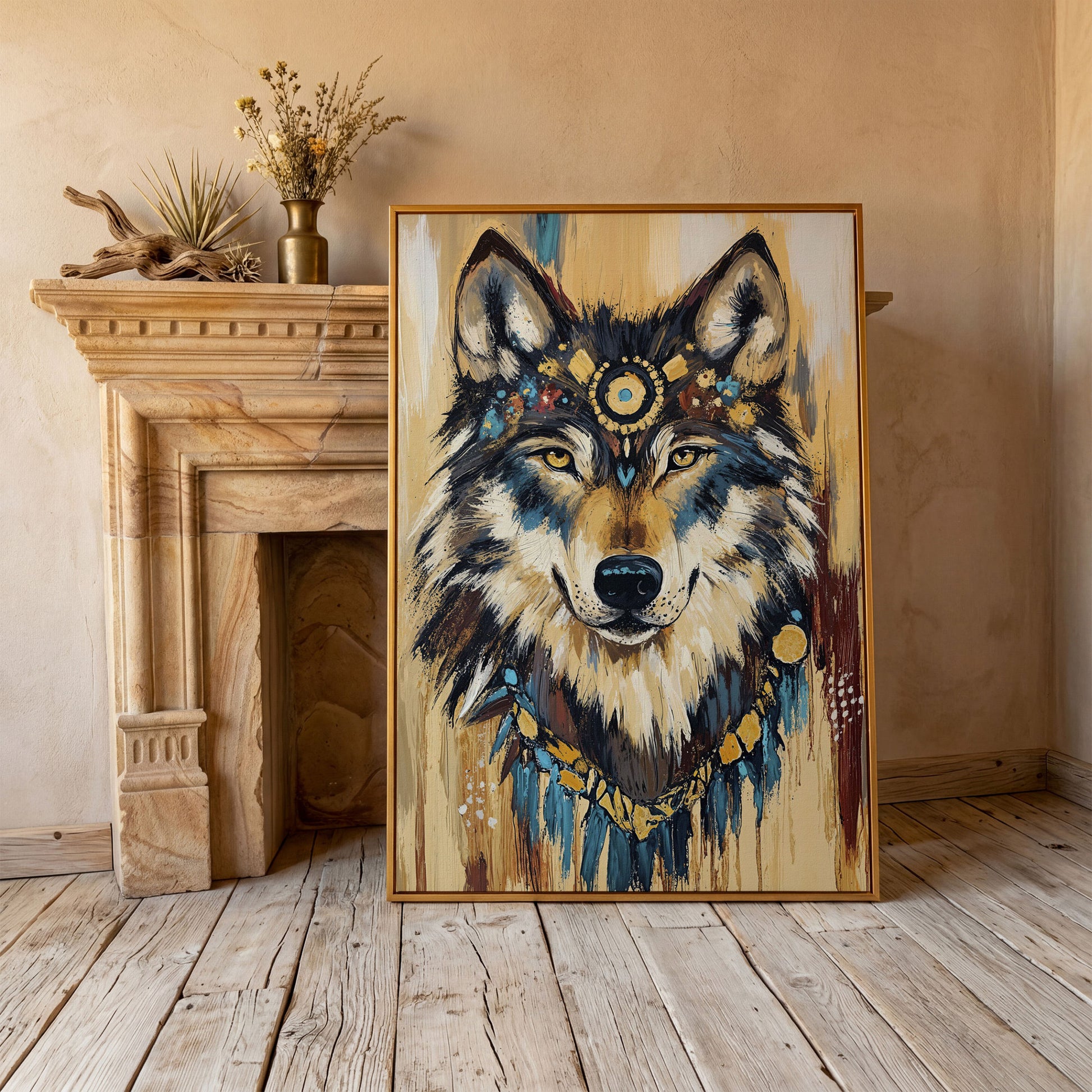 Wolf Portrait Canvas Art with Tribal Headdress and Bohemian Adornments in antique gold floating frame