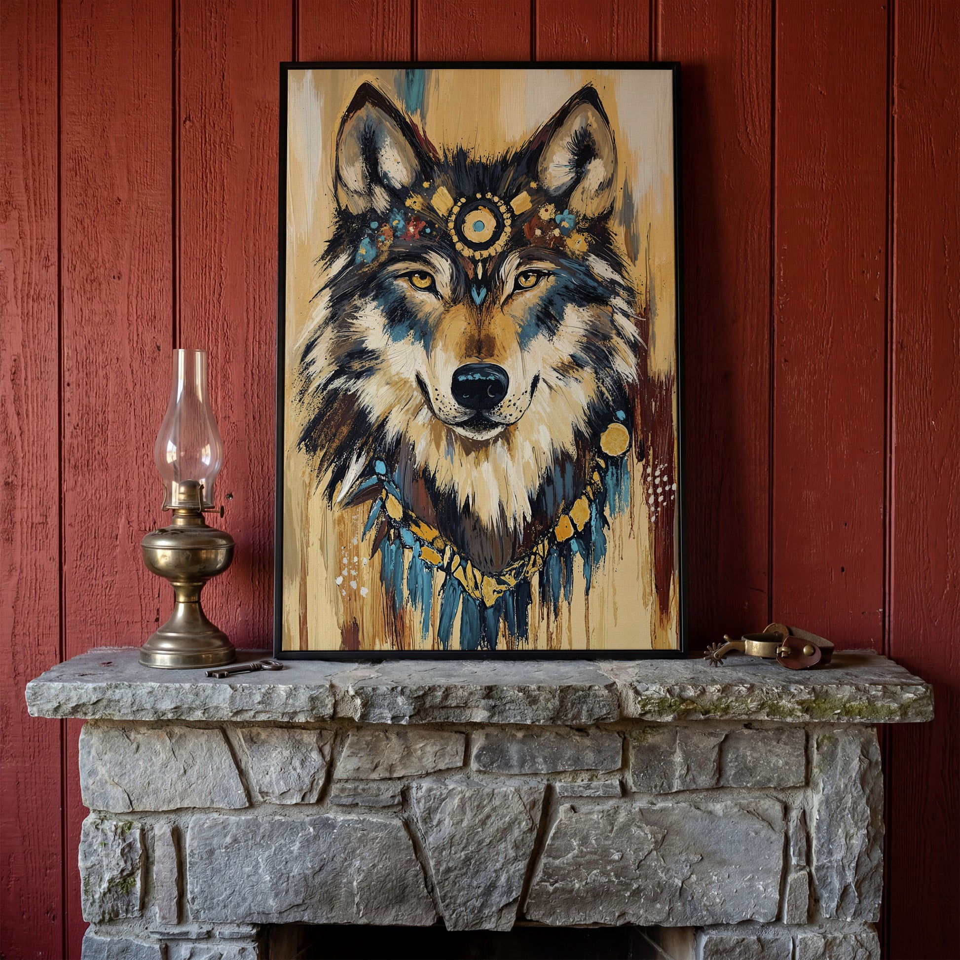 Wolf Portrait Canvas Art with Tribal Headdress and Bohemian Adornments in black floating frame