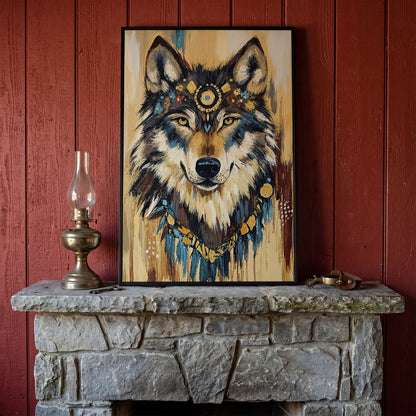 Wolf Portrait Canvas Art with Tribal Headdress and Bohemian Adornments in black floating frame