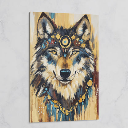 Wolf Portrait Canvas Art with Tribal Headdress and Bohemian Adornments on gallery wrap