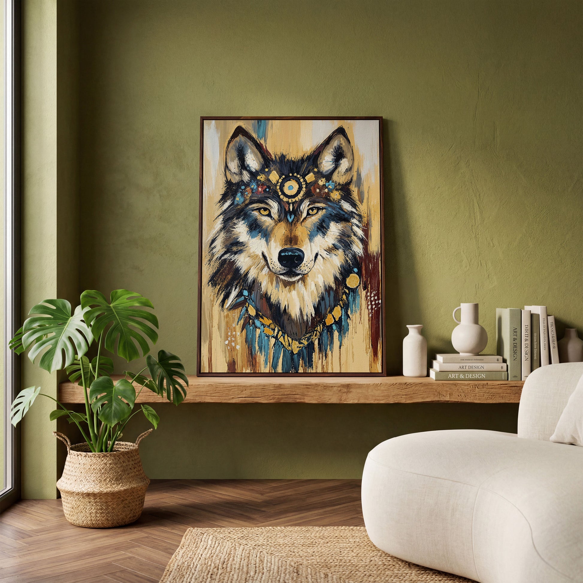 Wolf Portrait Canvas Art with Tribal Headdress and Bohemian Adornments in dark walnut floating frame