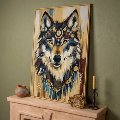 Wolf Portrait Canvas Art with Tribal Headdress and Bohemian Adornments in white oak floating frame