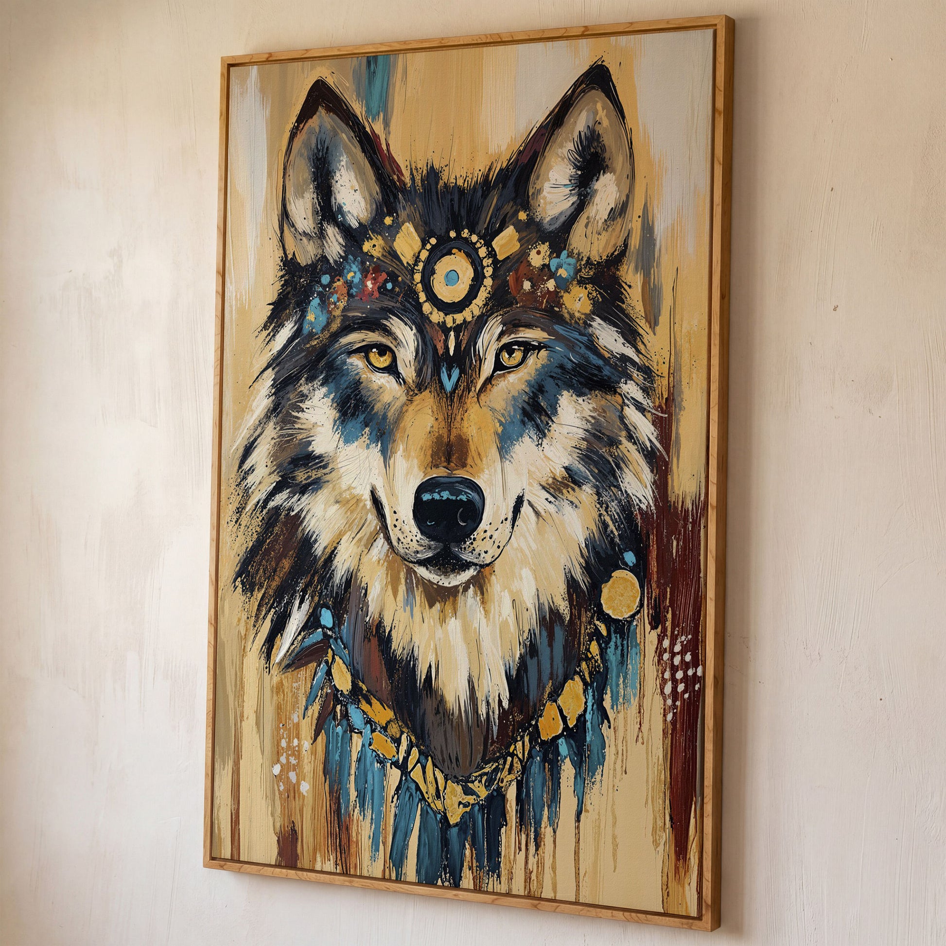 Wolf Portrait Canvas Art with Tribal Headdress and Bohemian Adornments shown in white oak floating frame