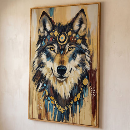 Wolf Portrait Canvas Art with Tribal Headdress and Bohemian Adornments shown in white oak floating frame
