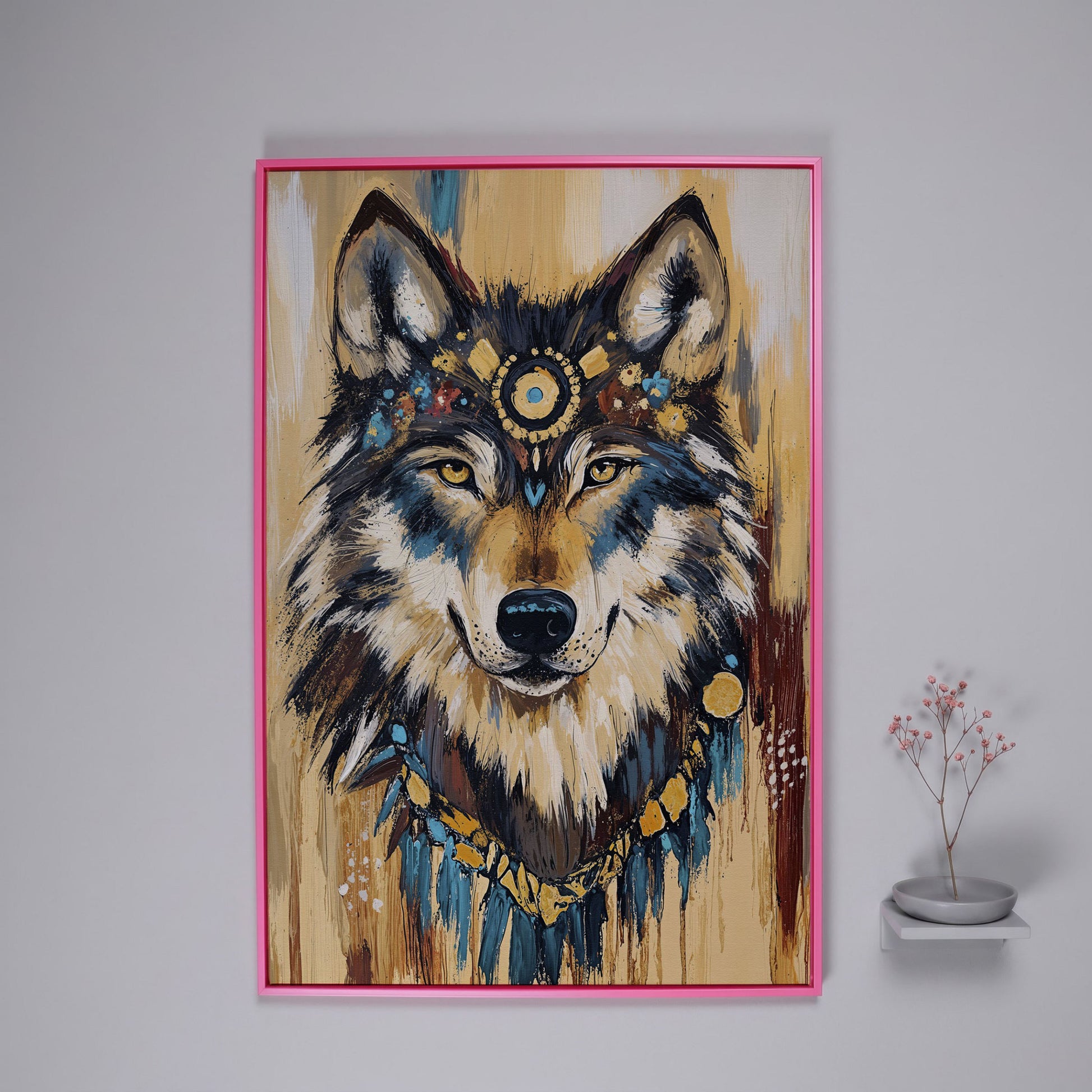 Wolf Portrait Canvas Art with Tribal Headdress and Bohemian Adornments in pink floating frame