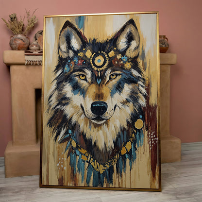 Wolf Portrait Canvas Art with Tribal Headdress and Bohemian Adornments in rose gold floating frame