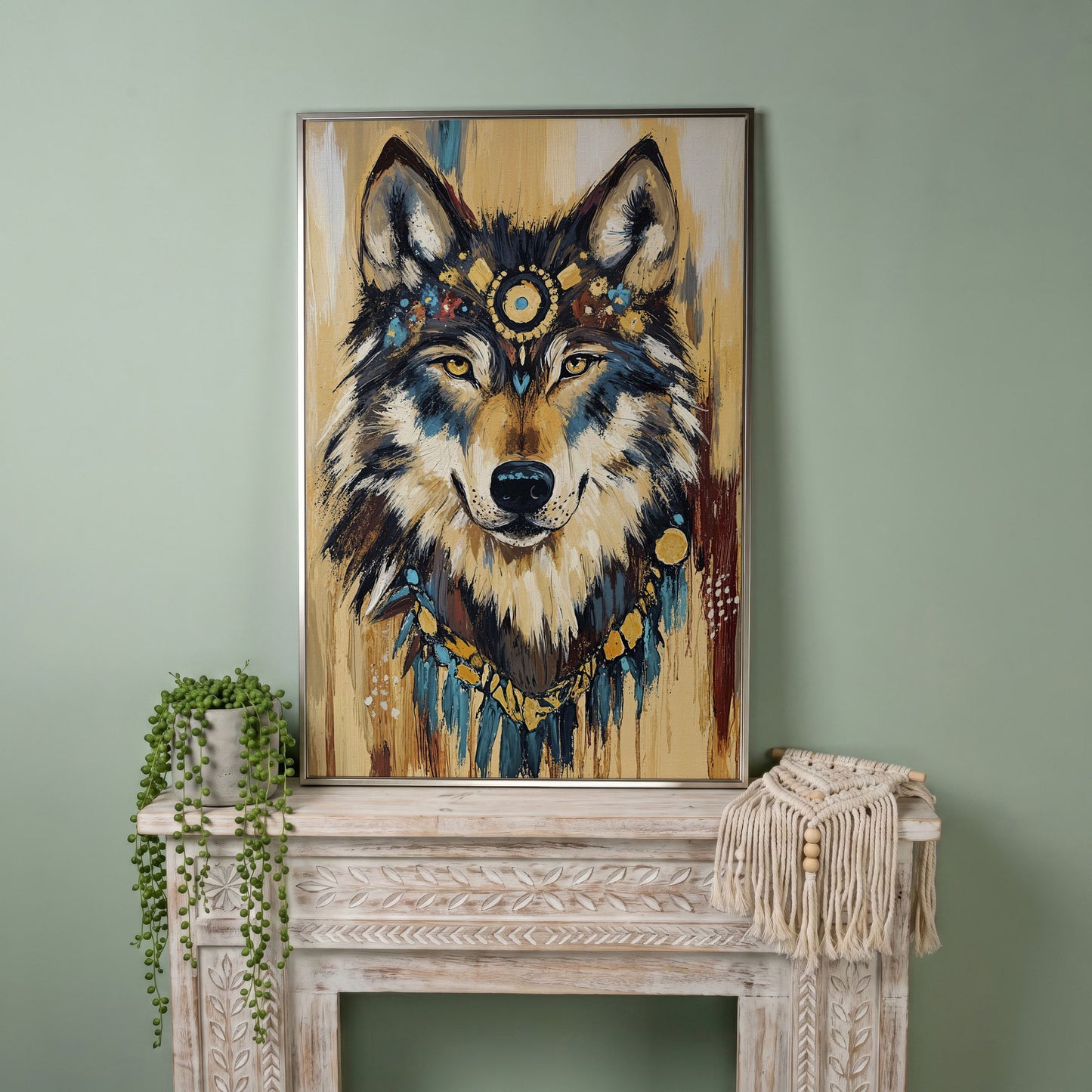 Wolf Portrait Canvas Art with Tribal Headdress and Bohemian Adornments in silver floating frame