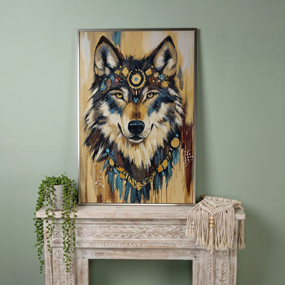 Wolf Portrait Canvas Art with Tribal Headdress and Bohemian Adornments in silver floating frame