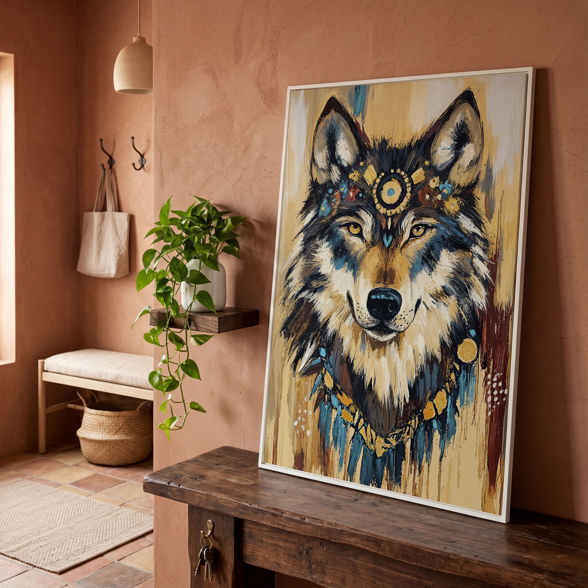 Wolf Portrait Canvas Art with Tribal Headdress and Bohemian Adornments in white floating frame