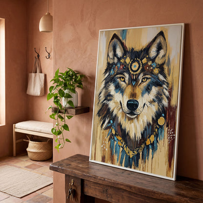 Wolf Portrait Canvas Art with Tribal Headdress and Bohemian Adornments in white floating frame