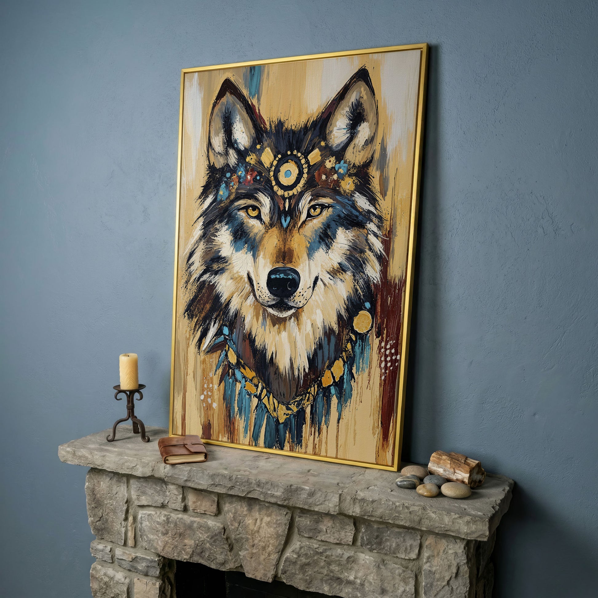 Wolf Portrait Canvas Art with Tribal Headdress and Bohemian Adornments in yellow gold floating frame