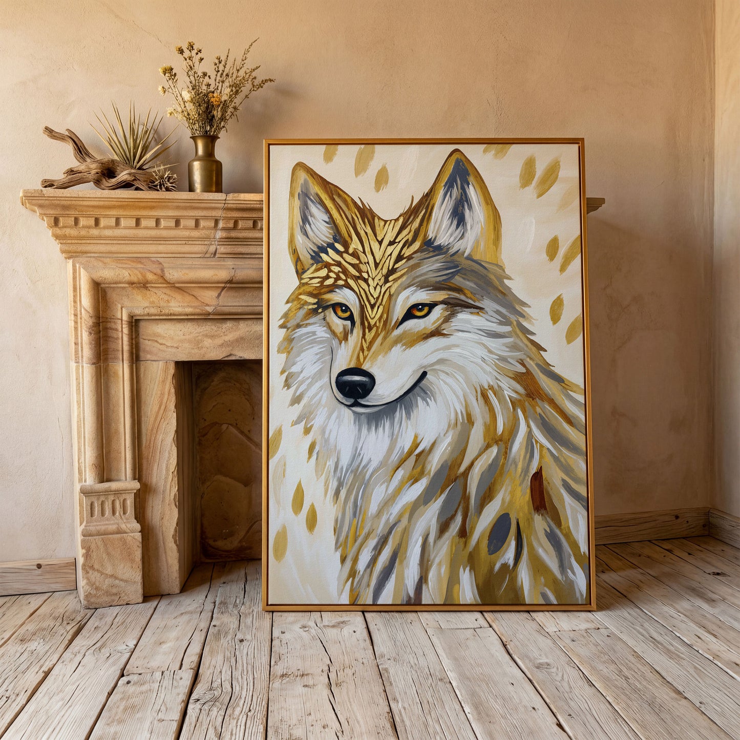 Wolf Portrait Canvas Art with Stylized Golden Elements in antique gold floating frame