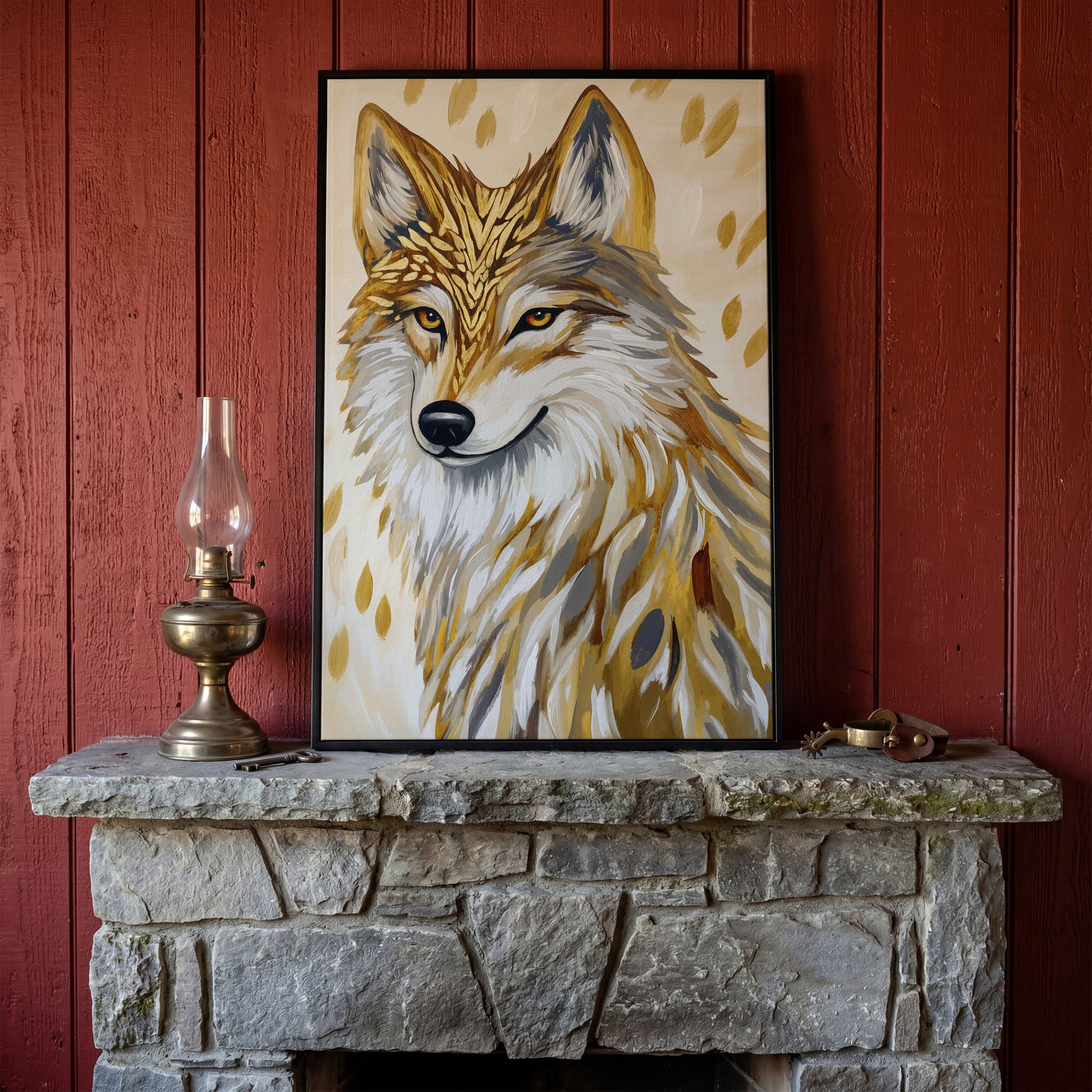 Wolf Portrait Canvas Art with Stylized Golden Elements in black floating frame