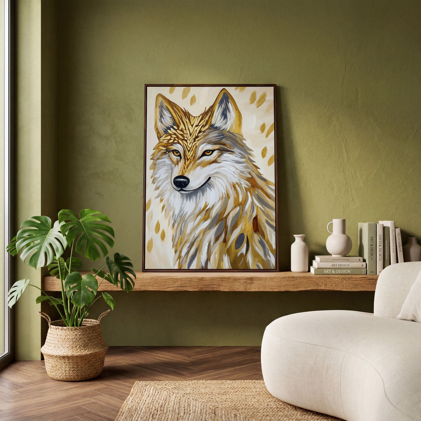 Wolf Portrait Canvas Art with Stylized Golden Elements in dark walnut floating frame