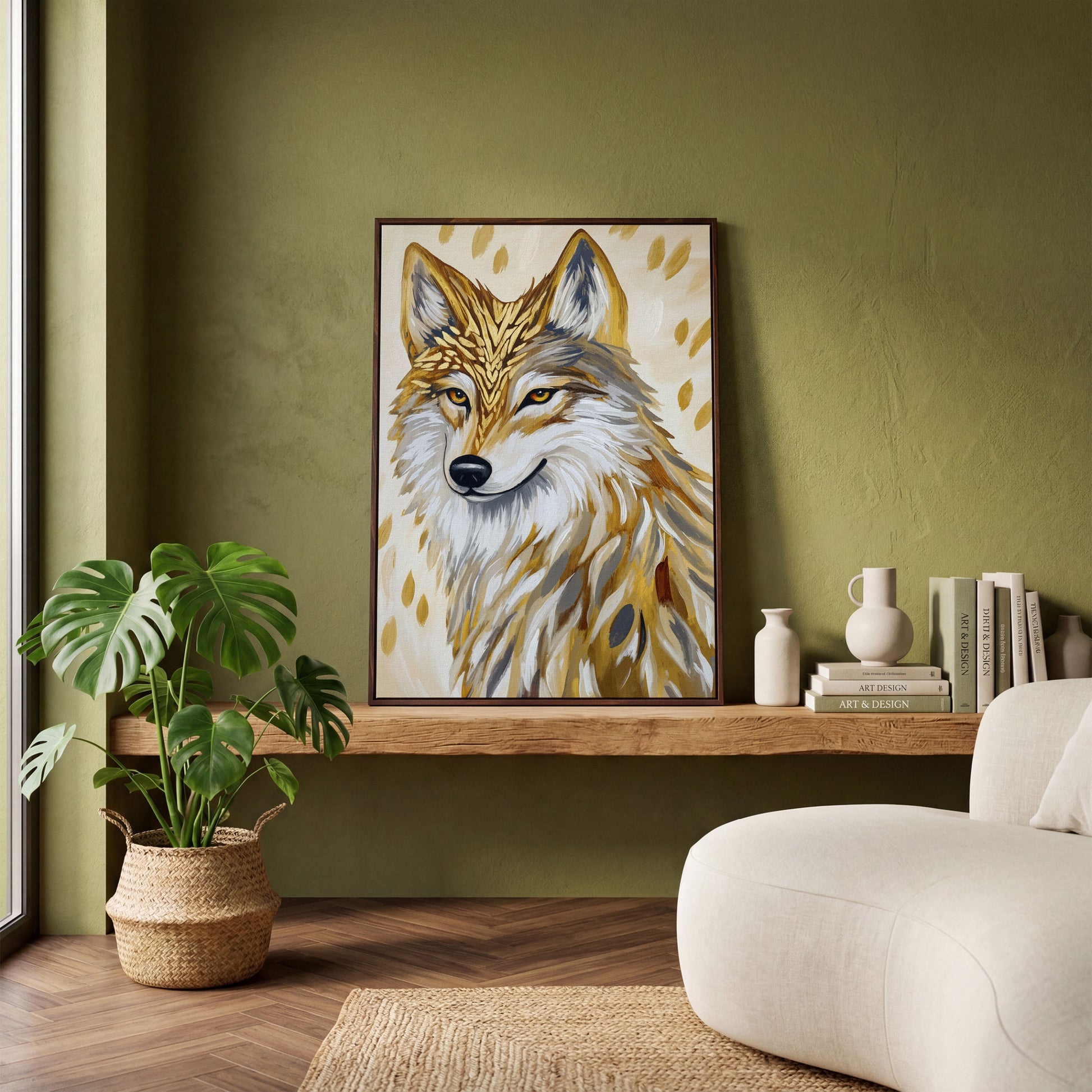 Wolf Portrait Canvas Art with Stylized Golden Elements in dark walnut floating frame