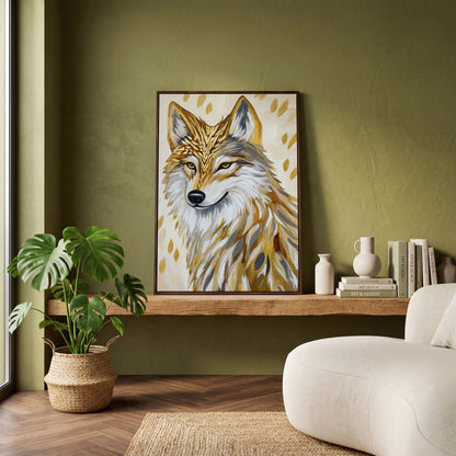 Wolf Portrait Canvas Art with Stylized Golden Elements in dark walnut floating frame