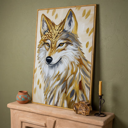Wolf Portrait Canvas Art with Stylized Golden Elements in white oak floating frame