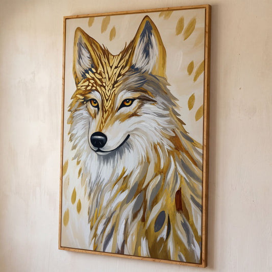 Wolf Portrait Canvas Art with Stylized Golden Elements shown in white oak floating frame