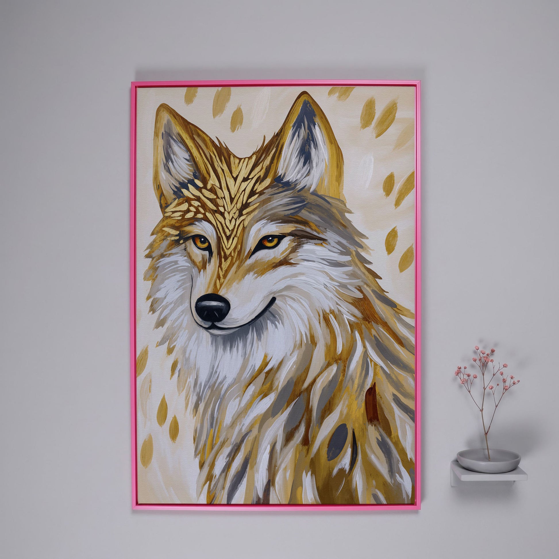 Wolf Portrait Canvas Art with Stylized Golden Elements in pink floating frame