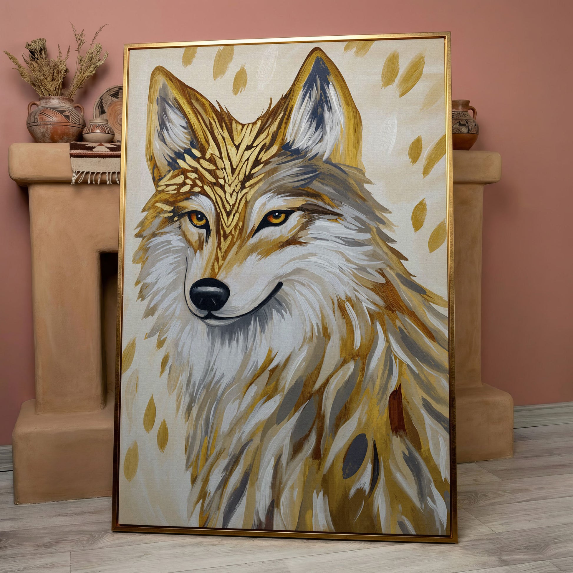 Wolf Portrait Canvas Art with Stylized Golden Elements in rose gold floating frame